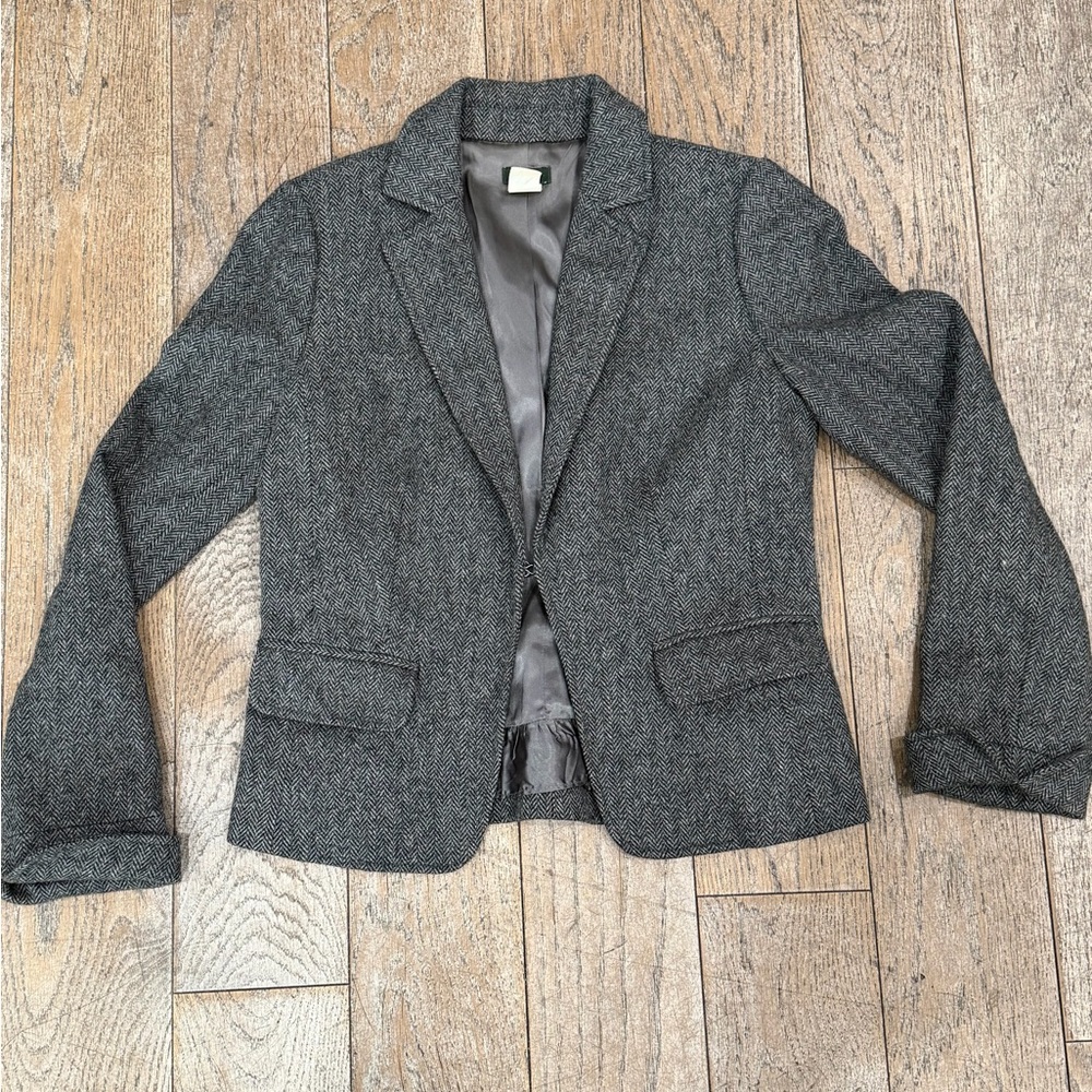 J. Crew Womens Blazer 100% Wool Herringbone Size 2 Gray Career Preppy